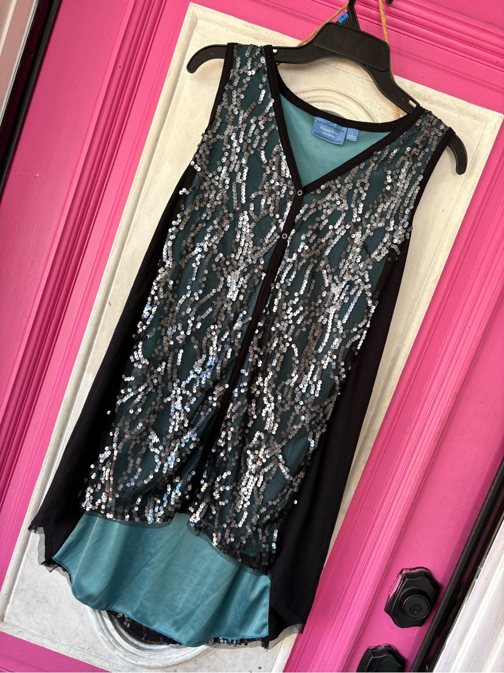 Simply Vera Vera Wang Black Sequin Overlay with Teal Underlayer Tunic